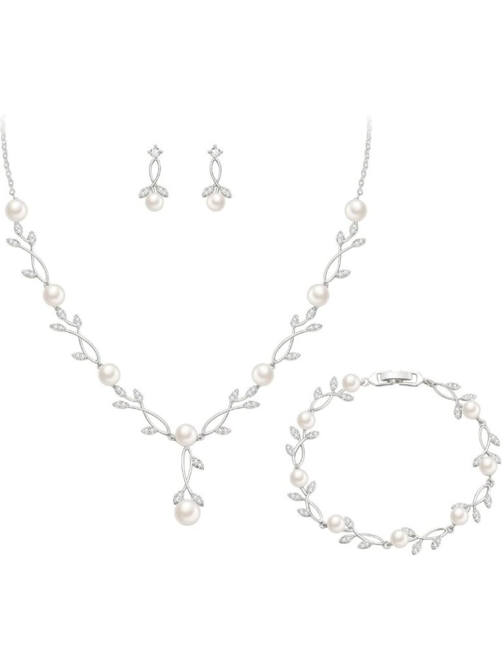 Elegant Cubic Zirconia & Faux Pearl Leaf Wedding Jewelry Set for Women